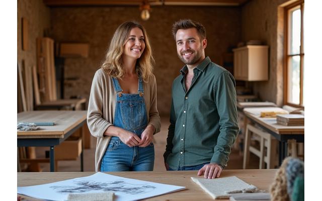 Founders of Hearth & Home Furnishings discussing furniture designs in their workshop.