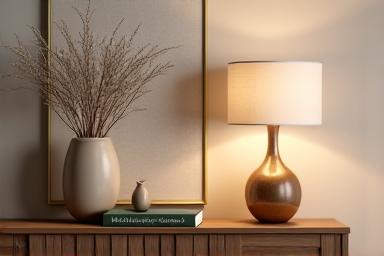 Table with stylish lamps, vases and books, symbolizing decor curation