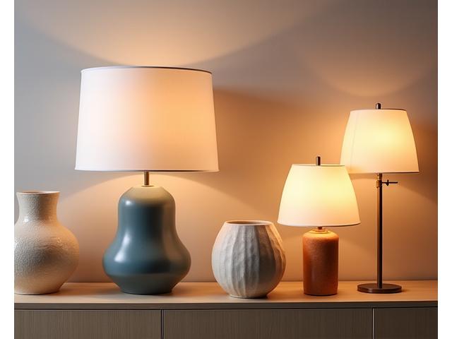 Assortment of unique lamps and decorative vases on a wooden surface, highlighting lighting and decor items.