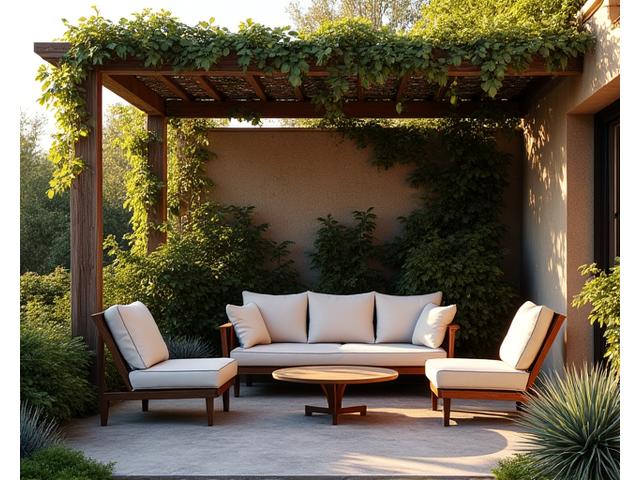 Stylish outdoor patio furniture set under a pergola, with natural light, for outdoor living spaces.