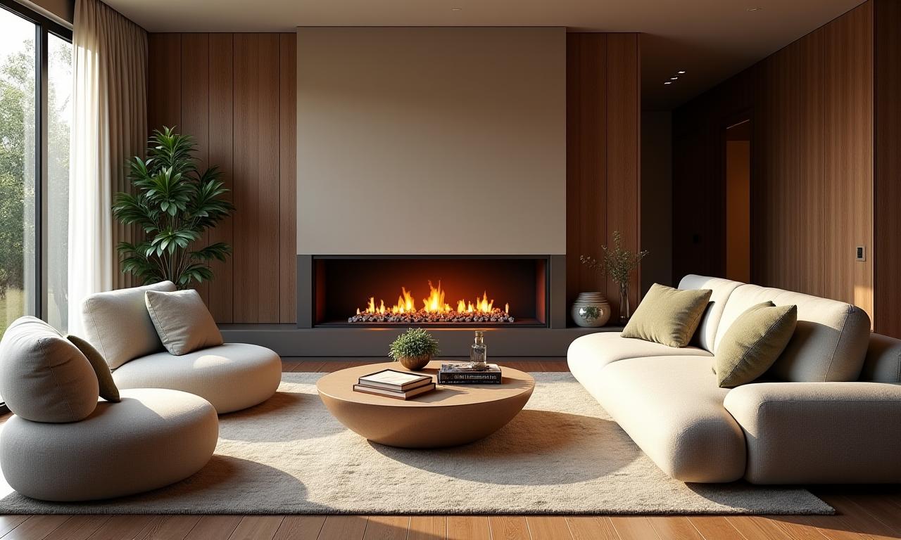 A beautifully styled living room with a large, comfortable sofa, a warm fireplace, and elegant decor, bathed in soft, inviting light.