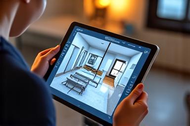 Illustration of a floor plan on a tablet with design elements, symbolizing space planning