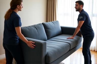 Delivery professionals placing a sofa, symbolizing white-glove delivery service